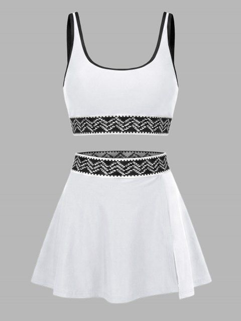 Beach Tankini Swimsuit Set Zig Zag Print Bra and Pocket Slit Skirt Swimwear Set