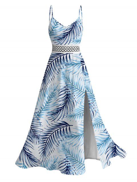 Robe de vacances à imprimé tropical de feuilles de palmier, en dentelle ajourée et fendue