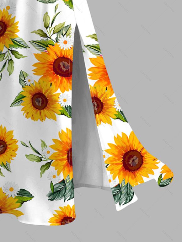 Robe de vacances imprimée tournesol en dentelle ajourée et fendue - Blanc XXXXXL | US 20