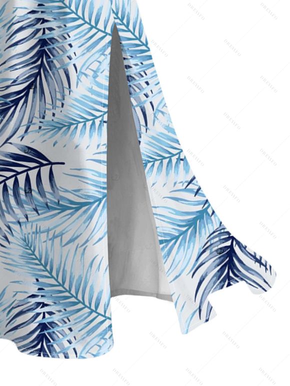 Robe de vacances à imprimé tropical de feuilles de palmier, en dentelle ajourée et fendue - Bleu clair XXXXXL | US 20