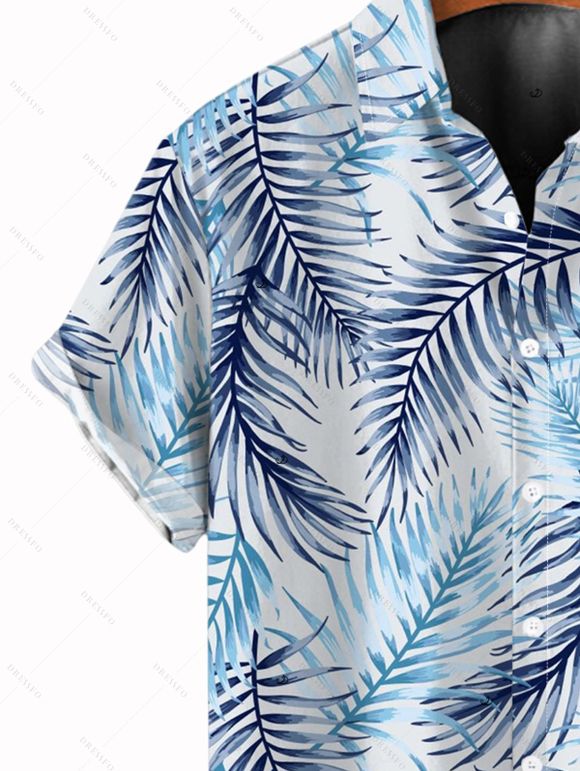 Chemise de vacances pour homme, imprimé tropical à feuilles de palmier, boutonnée - Bleu clair 5XL