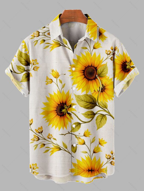 Vacation Couple Outfit Sunflower Leaf Pattern Lace Hollow Out Slit Dress and Shirt Set - Blanc S | US 4