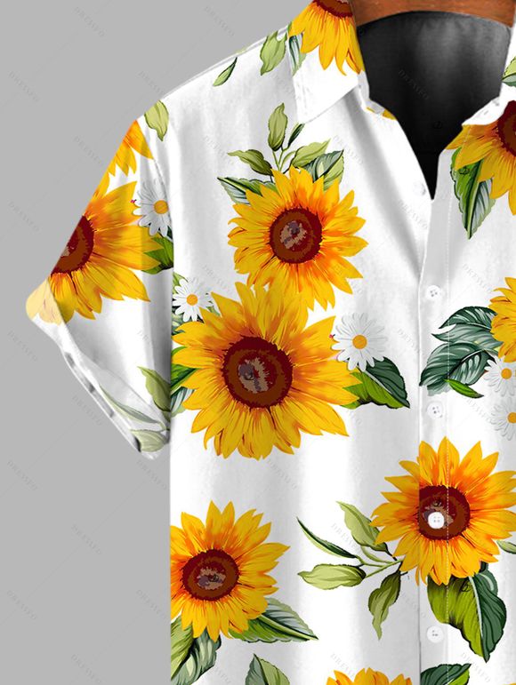 Chemise de vacances pour homme, imprimé tournesol, boutonnée - Blanc 5XL
