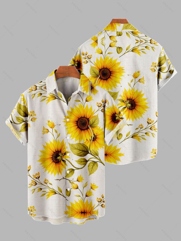 Vacation Couple Outfit Sunflower Leaf Pattern Lace Hollow Out Slit Dress and Shirt Set - Blanc S | US 4