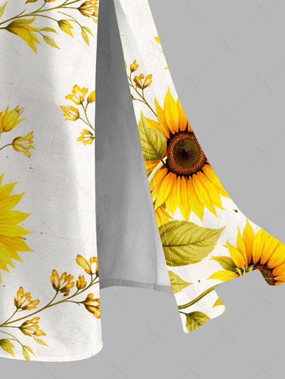Vacation Couple Outfit Sunflower Leaf Pattern Lace Hollow Out Slit Dress and Shirt Set - Blanc S | US 4