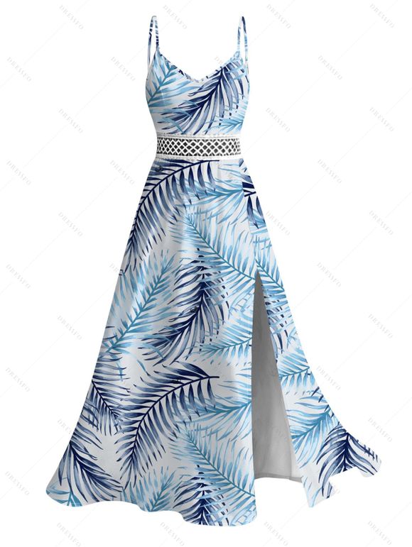 Vacation Couple Outfit Tropical Palm Leaf Print Lace Hollow Out Slit Dress and Shirt Set - Bleu clair S | US 4