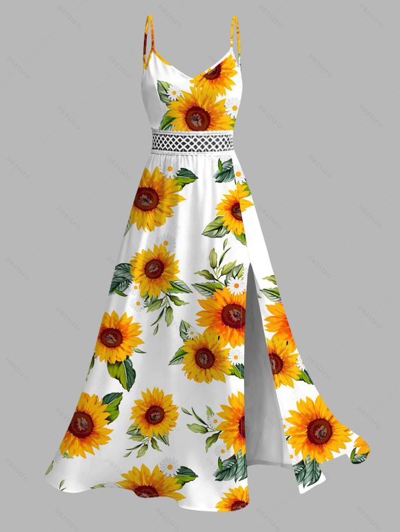 Vacation Couple Outfit Sunflower Print Lace Hollow Out Slit Dress and Shirt Set - Blanc S | US 4
