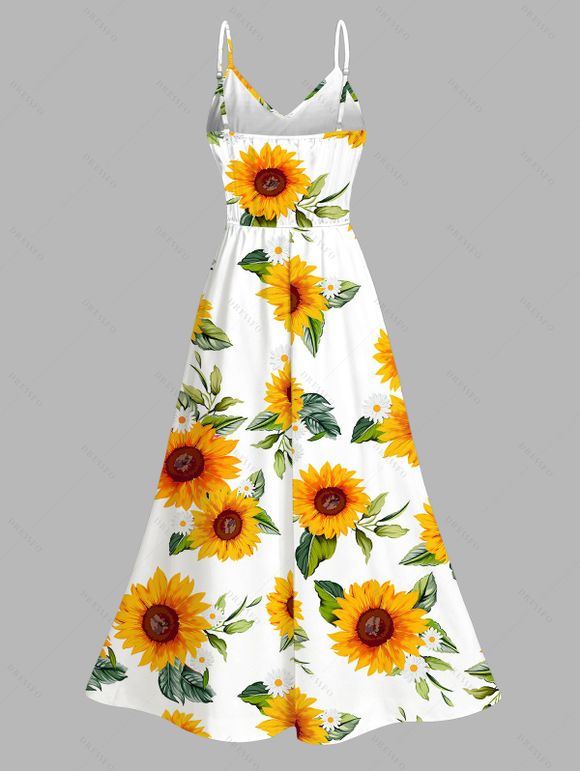 Vacation Couple Outfit Sunflower Print Lace Hollow Out Slit Dress and Shirt Set - Blanc S | US 4