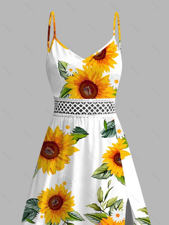 Vacation Couple Outfit Sunflower Print Lace Hollow Out Slit Dress and Shirt Set - Blanc S | US 4