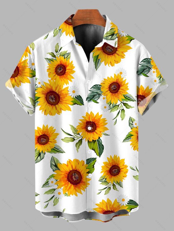 Vacation Couple Outfit Sunflower Print Lace Hollow Out Slit Dress and Shirt Set - Blanc S | US 4