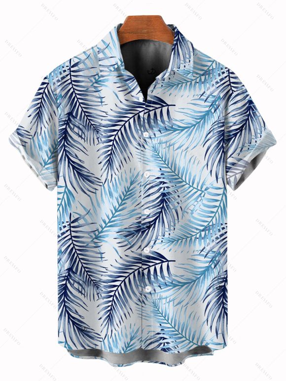 Vacation Couple Outfit Tropical Palm Leaf Print Lace Hollow Out Slit Dress and Shirt Set - Bleu clair S | US 4