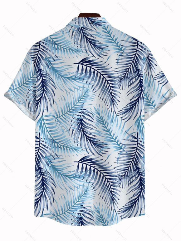 Vacation Couple Outfit Tropical Palm Leaf Print Lace Hollow Out Slit Dress and Shirt Set - Bleu clair S | US 4