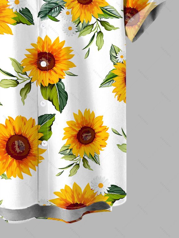 Vacation Couple Outfit Sunflower Print Lace Hollow Out Slit Dress and Shirt Set - Blanc S | US 4