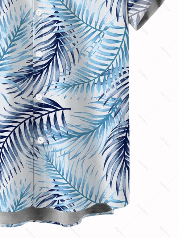 Vacation Couple Outfit Tropical Palm Leaf Print Lace Hollow Out Slit Dress and Shirt Set - Bleu clair S | US 4
