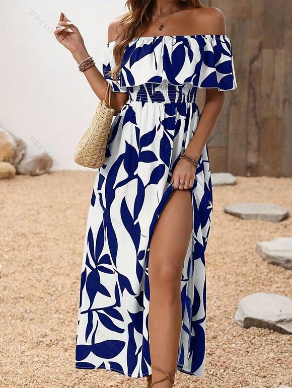 Vacation Couple Outfit Leaf Patten Off the Shoulder Slit Dress and Shirt Drawstring Shorts Set - Blanc S | US 4