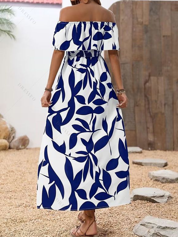 Vacation Couple Outfit Leaf Patten Off the Shoulder Slit Dress and Shirt Drawstring Shorts Set - Blanc S | US 4