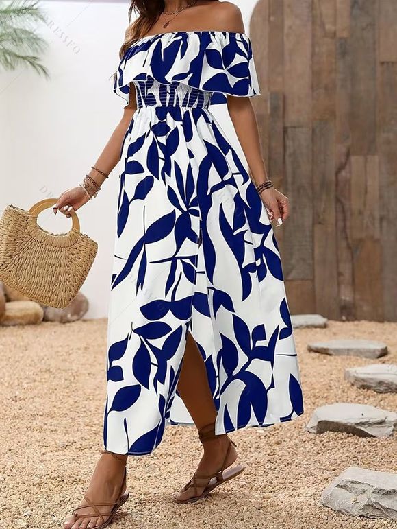 Vacation Couple Outfit Leaf Patten Off the Shoulder Slit Dress and Shirt Drawstring Shorts Set - Blanc S | US 4