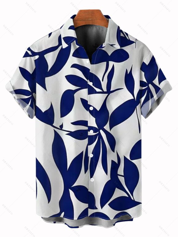 Vacation Couple Outfit Leaf Patten Off the Shoulder Slit Dress and Shirt Drawstring Shorts Set - Blanc S | US 4