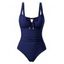 Maillot de bain une pièce de plage, couleur unie, décolleté en V, nœud papillon froncé - Bleu de Minuit XXL | US 12