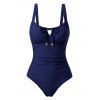 Maillot de bain une pièce de plage, couleur unie, décolleté en V, nœud papillon froncé - Bleu de Minuit L | US 8