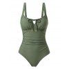 Maillot de bain une pièce de plage, couleur unie, décolleté en V, nœud papillon froncé - Vert Armée XXL | US 12