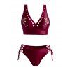 Vacation Tankini Swimsuit Coconut Tree Hollow Out Bra Lace Up Briefs Swimwear Set - DEEP RED M | US 6