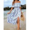 Robe de vacances à imprimé floral discret, épaules dénudées et fente - Bleu clair S | US 4