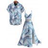 Vacation Couple Outfit Tropical Palm Leaf Print Lace Hollow Out Slit Dress and Shirt Set - Bleu clair S | US 4