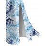 Vacation Couple Outfit Tropical Palm Leaf Print Lace Hollow Out Slit Dress and Shirt Set - Bleu clair S | US 4