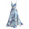 Robe de vacances à imprimé tropical de feuilles de palmier, en dentelle ajourée et fendue - Bleu clair XXXXXL | US 20