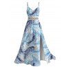 Vacation Couple Outfit Tropical Palm Leaf Print Lace Hollow Out Slit Dress and Shirt Set - Bleu clair S | US 4
