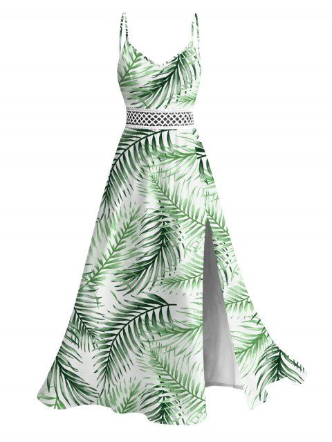 Robe de vacances à imprimé tropical de feuilles de palmier, en dentelle ajourée et fendue