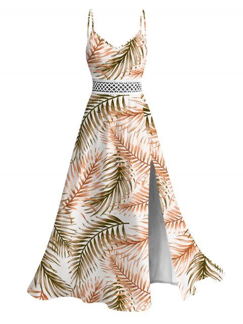 Robe de vacances à imprimé tropical de feuilles de palmier, en dentelle ajourée et fendue