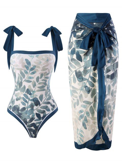 Ensemble maillot de bain une pièce vintage à imprimé feuilles aquarelle et nœud papillon, avec jupe de plage assortie.