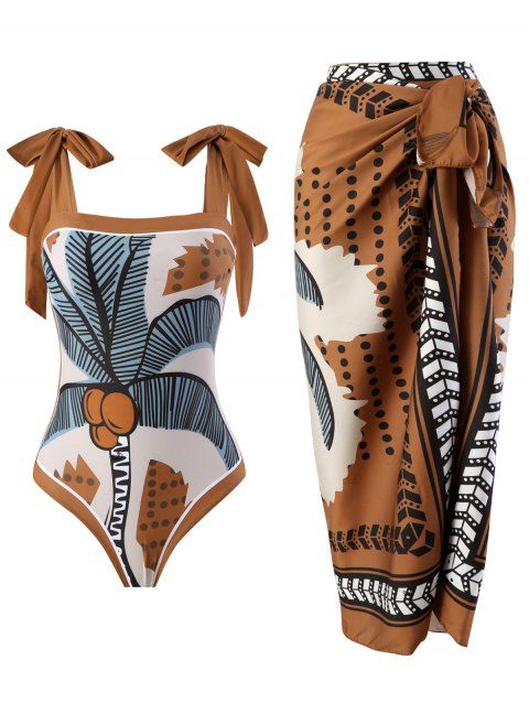 Ensemble maillot de bain une pièce vintage à imprimé tropical cocotier et nœud papillon, avec jupe de plage assortie.