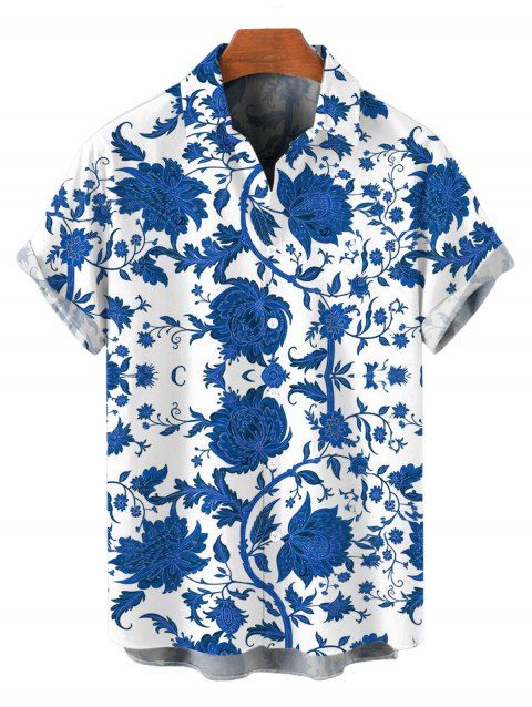 Chemise de vacances pour homme, style rétro, bleu et blanc, imprimé floral porcelaine, boutonnée