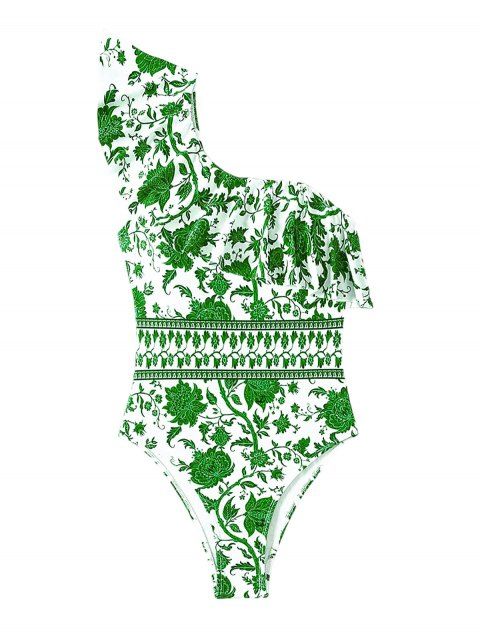 Maillot de bain une pièce de vacances bleu et blanc à imprimé floral porcelaine, à volants et une épaule