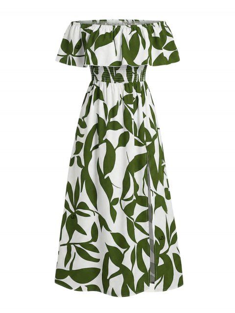 Robe de vacances à imprimé floral discret, épaules dénudées et fente