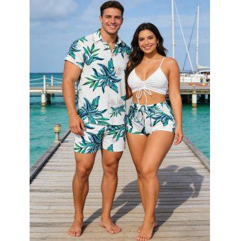 Hawaii Couple Outfit Solid Color Cinched Swim Top Tropical Plant Leaf Pattern Bowknot Boyshorts Tankini Set and Roll Up Sleeve Shirt Vacation Outfit
