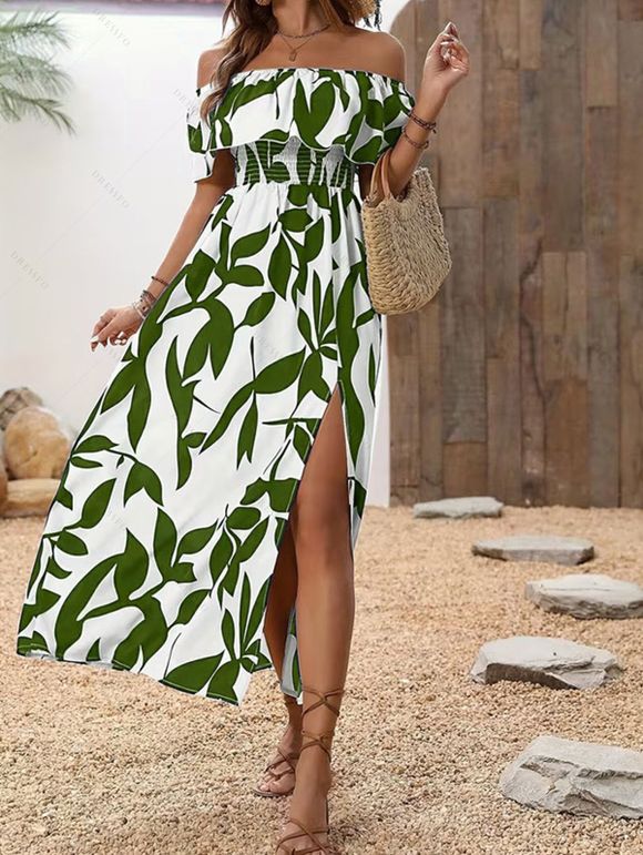 Robe de vacances à motif de feuilles, épaules dénudées et fente - Vert Armée XL | US 10