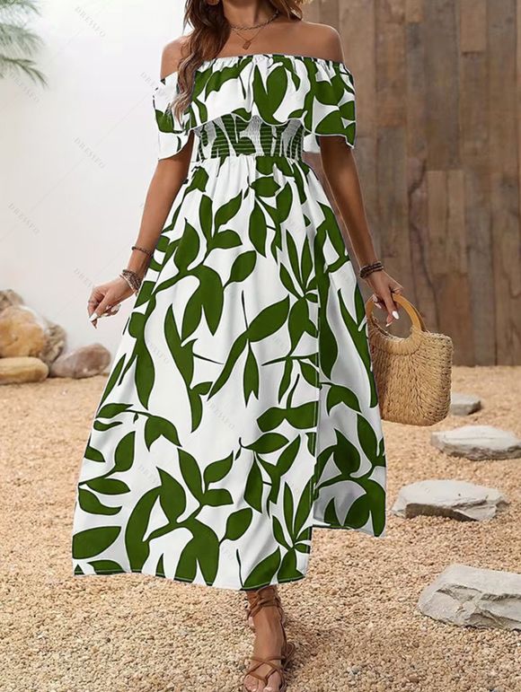 Robe de vacances à motif de feuilles, épaules dénudées et fente - Vert Armée XL | US 10