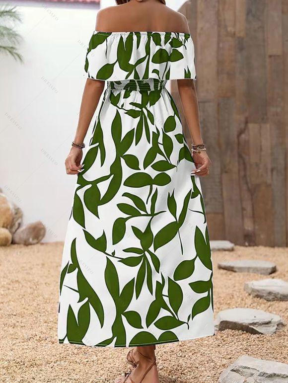 Robe de vacances à motif de feuilles, épaules dénudées et fente - Vert Armée XL | US 10