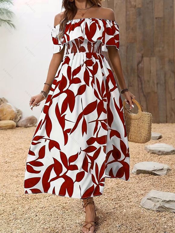 Robe de vacances à motif de feuilles, épaules dénudées et fente - Rouge foncé XL | US 10