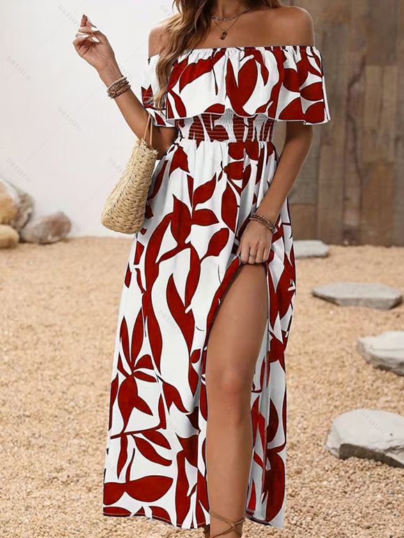 Robe de vacances à motif de feuilles, épaules dénudées et fente - Rouge foncé XL | US 10