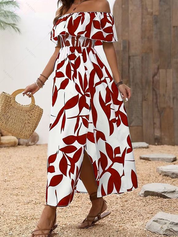 Robe de vacances à motif de feuilles, épaules dénudées et fente - Rouge foncé XL | US 10