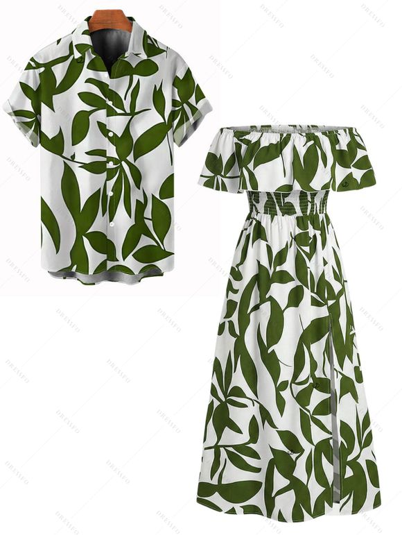 Vacation Couple Outfit Leaf Patten Off the Shoulder Slit Dress and Shirt Set - Vert Armée S | US 4