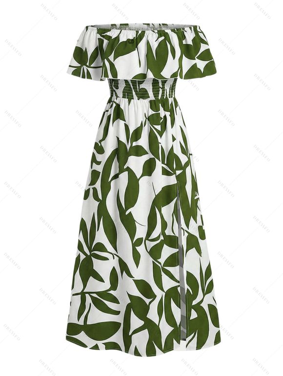 Vacation Couple Outfit Leaf Patten Off the Shoulder Slit Dress and Shirt Set - Vert Armée S | US 4