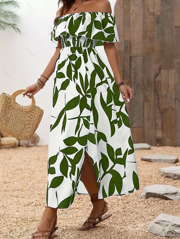 Vacation Couple Outfit Leaf Patten Off the Shoulder Slit Dress and Shirt Set - Vert Armée S | US 4