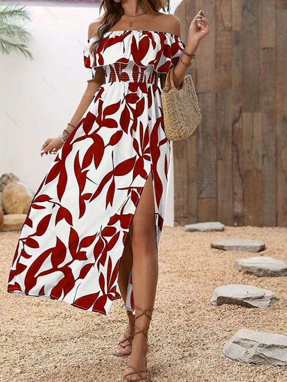 Vacation Couple Outfit Leaf Patten Off the Shoulder Slit Dress and Shirt Set - Rouge foncé S | US 4
