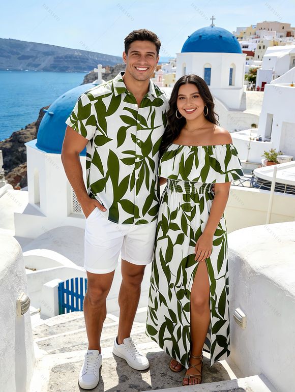 Vacation Couple Outfit Leaf Patten Off the Shoulder Slit Dress and Shirt Drawstring Shorts Set - Vert Armée S | US 4